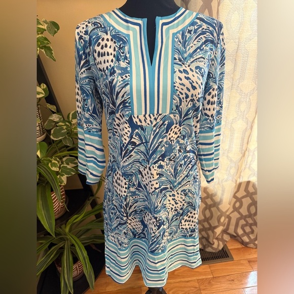 Jean-Pierre Klifa Dresses & Skirts - Jean-Pierre Klifa Paris 3/4 Sleeve Sheath Dress Pineapple Blue Green Women Sz XS